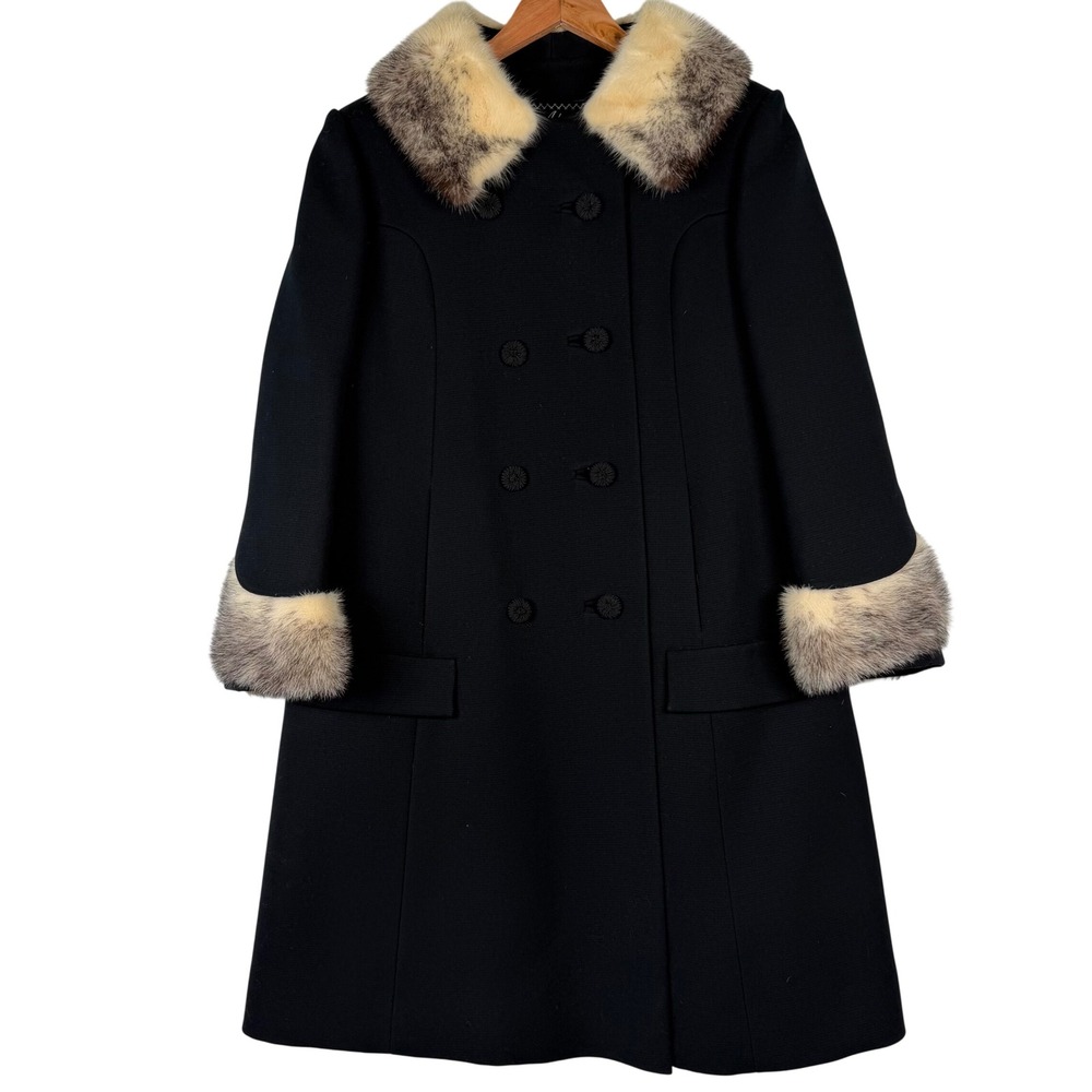 Vintage Adoria Kaufmanns Black Double Breasted Fur Trim Wool Blend Coat Stunning